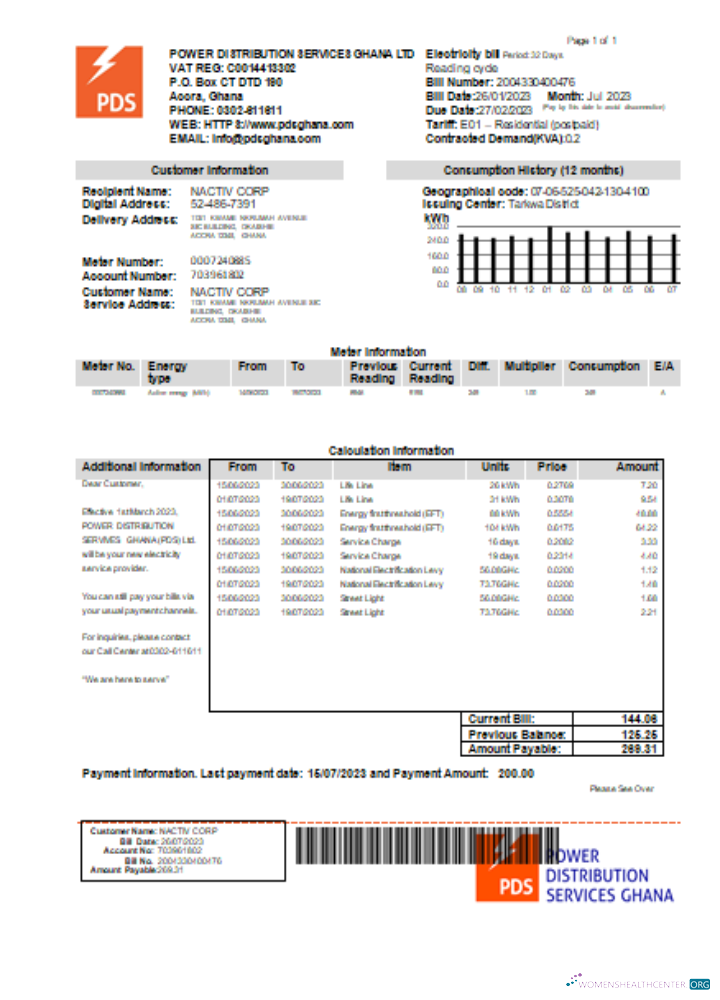 Download PDS Ghana Limited electricity utility business bill, SCR Photoshop template